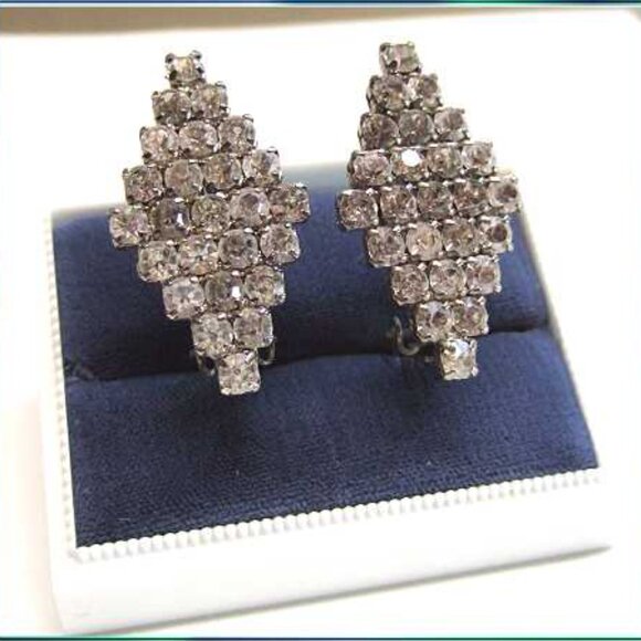 Art Deco French Grey Diamond Crystal Vintage Clip Earrings - Picture 1 of 7